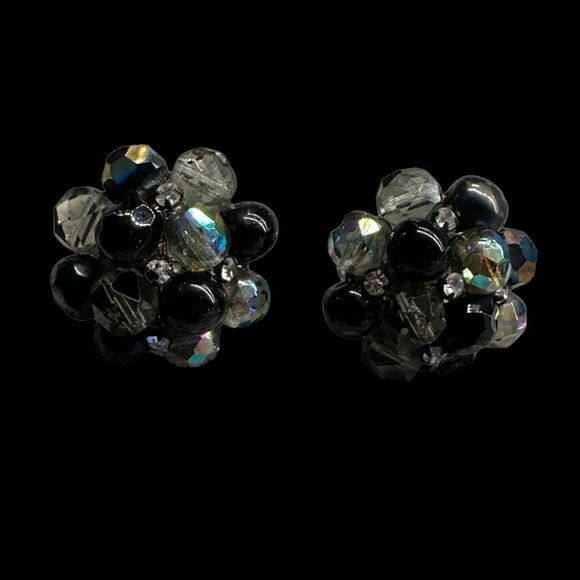 Large Vintage AB black crystal rhinestone cluster clip earrings by Vogue - Picture 9 of 15